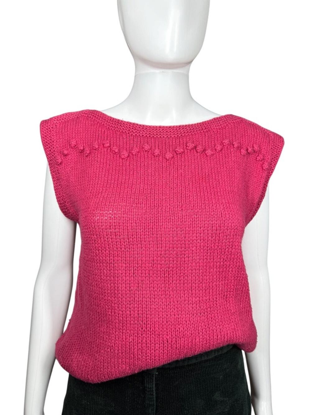 Vintage 60s SKYR Pink Magenta Sleeveless Boatneck Sweater Pom Detail Sz Small